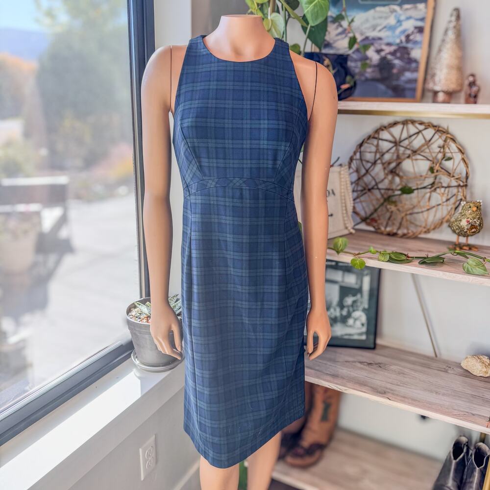 Banana Republic, Tartan Plaid Sleeveless Sheath Dress, Navy and Green, Women's 6